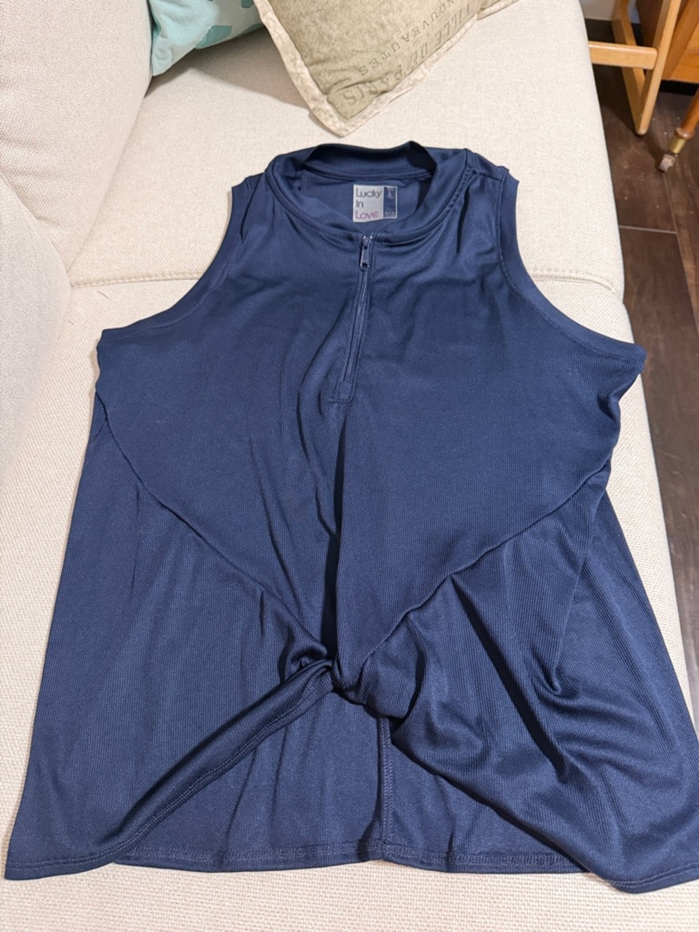 Lucky in Love Navy Twist-Front Zip Tank